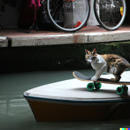 DALL·E 2023-05-03 09.00.51 - a photo of a cat riding a skateboard on a boat in a venice canal