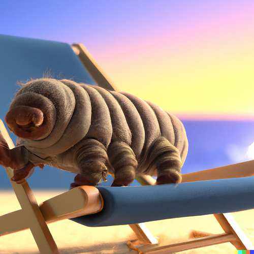 DALL·E 2023-06-05 09.06.25 - photo realistic render of a tardigrade resting on a lounge chair on a beach in the tropics