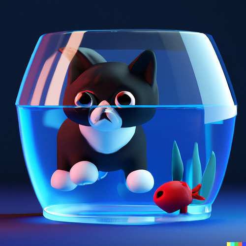 DALL·E 2023-05-22 09.04.38 - 3D render of a cute tuxedo kitten in an aquarium on a dark blue background, digital art