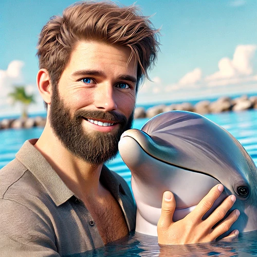 DALL·E 2024-07-26 09.57.56 - A photorealistic image of a bearded man embracing a dolphin. The man has a warm smile, light brown hair, and a short beard. He is wearing a casual shi