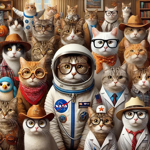 DALL·E 2024-08-05 08.54.52 - A humorous and photorealistic scene filled with many cats in funny outfits. Some cats are wearing glasses, adding a touch of nerdiness to their expres