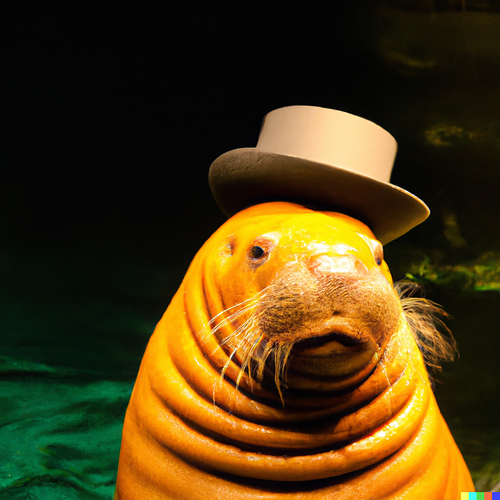 DALL·E 2023-04-05 09.07.55 - photo of an orange manatee with yellow hair wearing a top hat