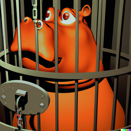 DALL·E 2023-06-09 08.45.07 - a 3-d rendering of an anthropomorphic hippo in a jail cell. The hippo is the color orange, digital art.