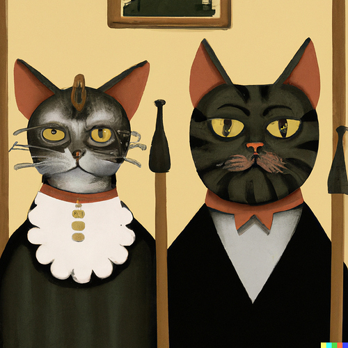 DALL·E 2023-06-30 07.58.12 - Grant Wood's american gothic painting in the style of Grant Wood with Cat heads instead of human heads