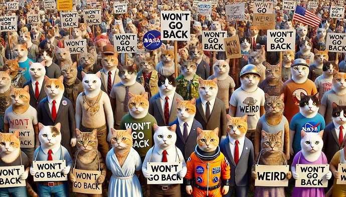 DALL·E 2024-08-12 10.21.30 - A photorealistic scene of a giant crowd of cats at a rally, each holding signs. The signs have various messages, some saying 'Won't Go Back' and other