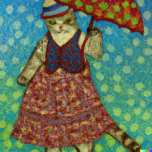 DALL·E 2023-05-03 08.58.14 -  a cat wearing a dress and carrying a parasol in the  style of Seurat